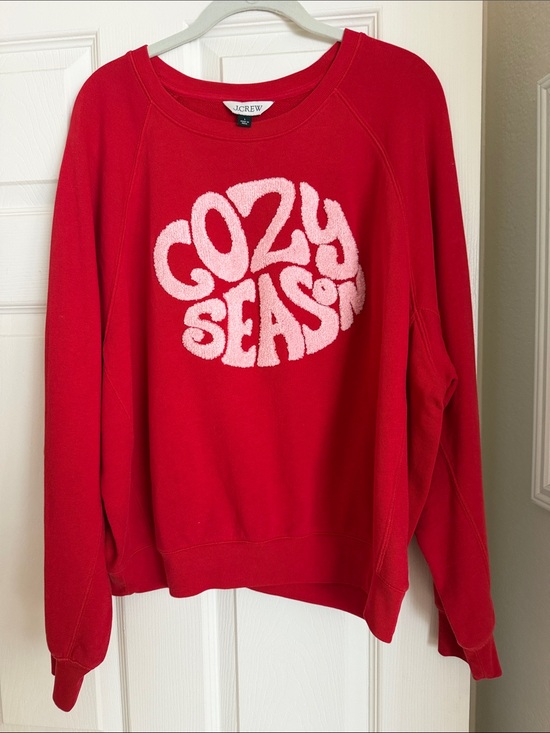 J. Crew Sweaters - J. Crew Red Crewneck Sweatshirt with Pink Chenille 'Cozy Season' Graphic